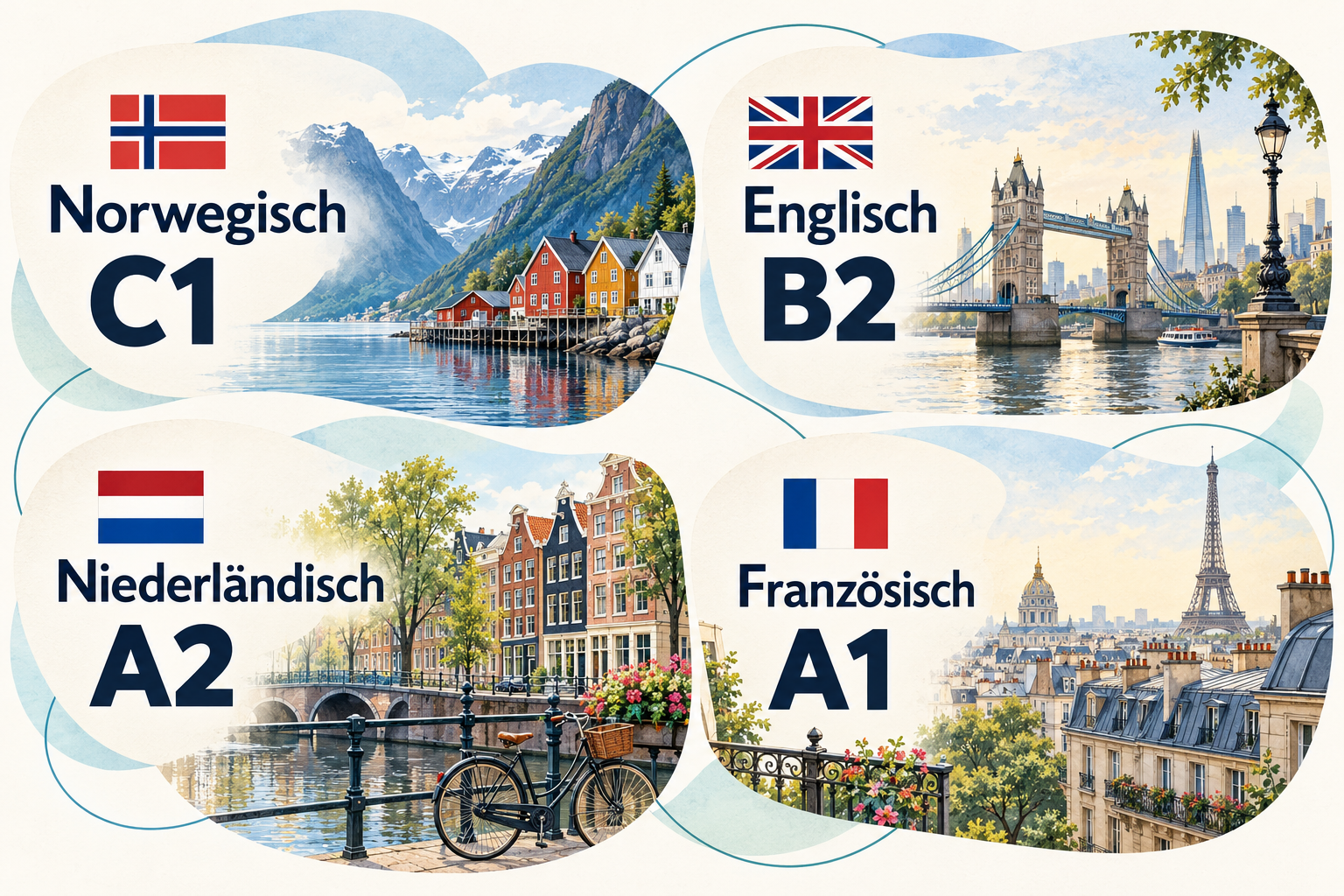 Norwegisch C1, Englisch B2, Niederländisch A2 und Französisch A1