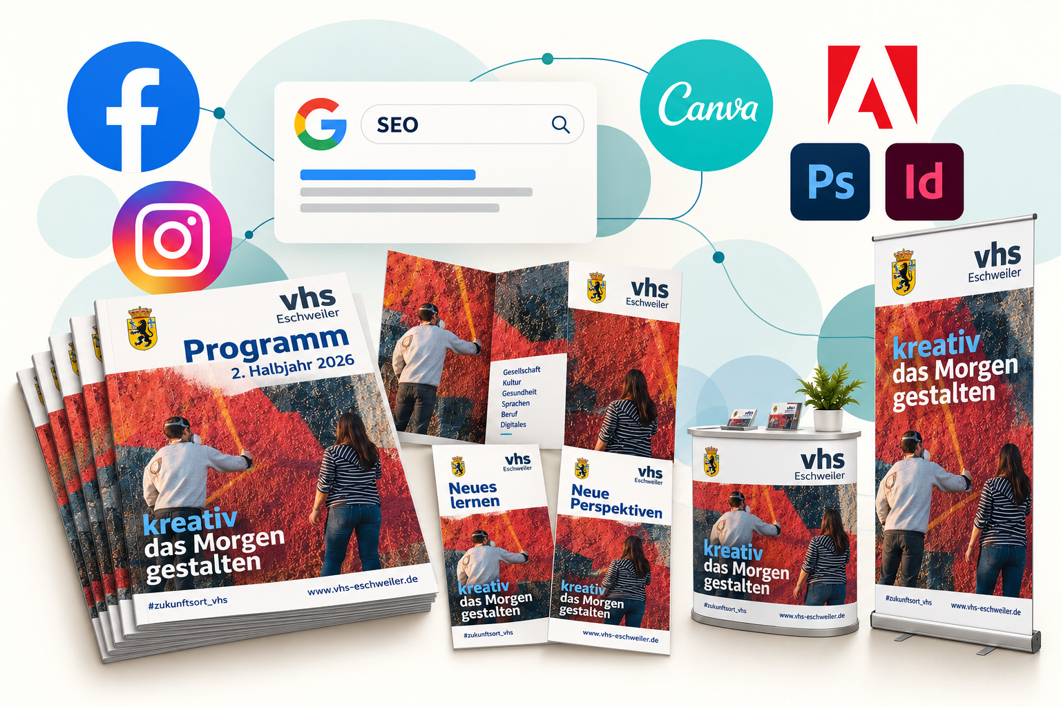 Marketingcollage mit digitalen Kanälen und vhs-Druckprodukten
