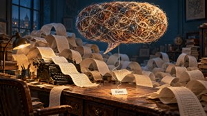 Endless paper rolls and a speech bubble made of threads, linked to the word Sinn