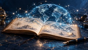 A logbook connects to a glowing digital network