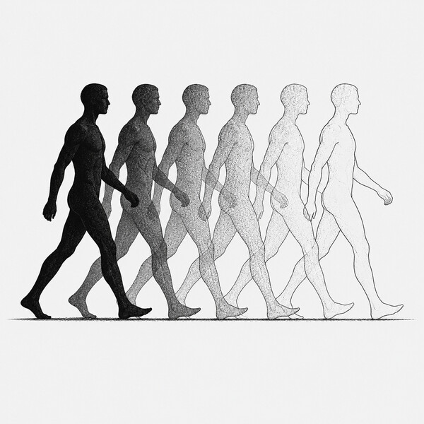 Überlagerte Phasen einer nach rechts gehenden Person in Schwarz-Weiß.