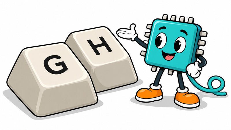 Freundliche Computerfigur neben zwei übergroßen Tastaturtasten mit den Buchstaben G und H.