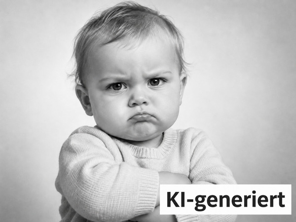 KI-generiertes Schwarzweißporträt eines etwa einjährigen Babys mit trotzigem Gesichtsausdruck.