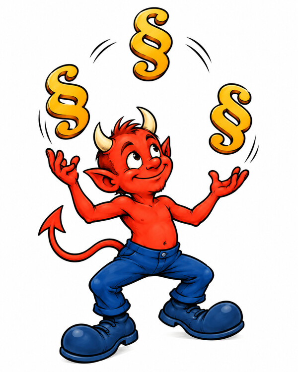 Red cartoon devil in blue trousers juggling three golden section signs.