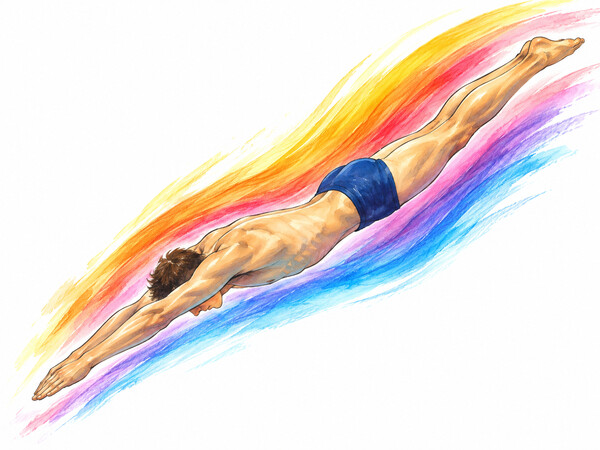 Illustrierte Person beim Kopfsprung vor einem leuchtenden Regenbogen.