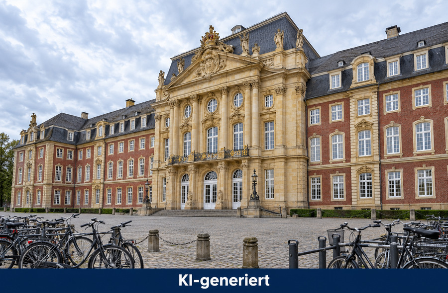KI-generierte Ansicht des Schlosses Münster mit Fahrrädern im Vordergrund.