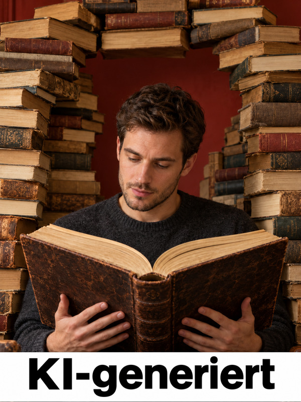 AI-generated man reading a large open book, surrounded by stacks of books against a red background.