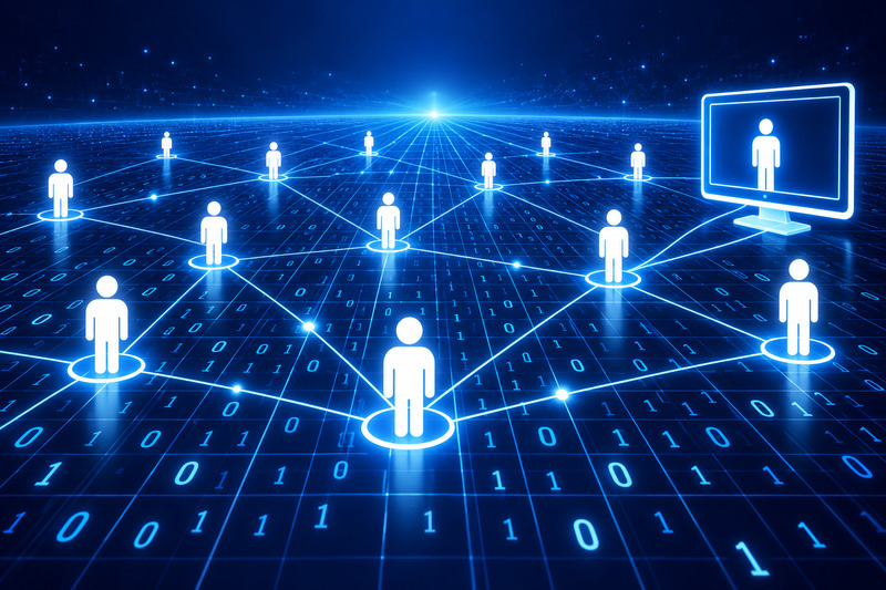 White human icons on a blue digital network with binary digits and a computer screen.