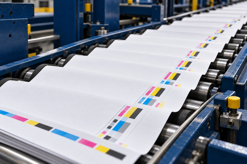 Überlappende bedruckte Papierbogen mit Farbkontrollstreifen auf der Auslage einer blauen Druckmaschine.