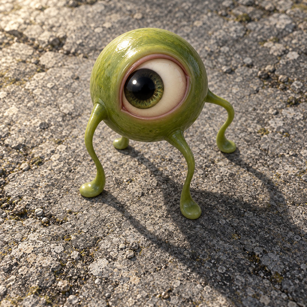 Kleines grünes Fantasiewesen mit einem großen Auge und dünnen geschwungenen Gliedmaßen auf grauem Steinboden.