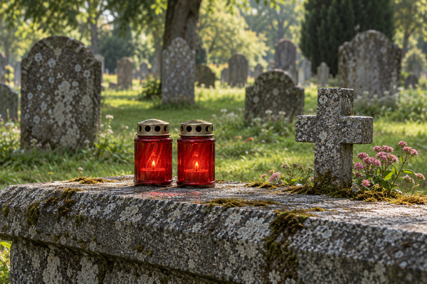 Zwei rote Grablichter auf einem verwitterten grauen Grabstein in einem grünen Friedhof.