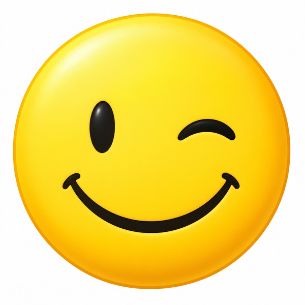 Gelber lächelnder Smiley mit einem zwinkernden Auge auf weißem Hintergrund.