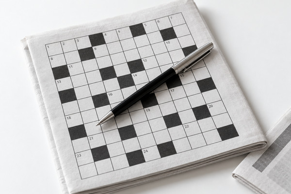 Ein schwarzer Stift liegt diagonal auf einer gefalteten Kreuzworträtselseite.