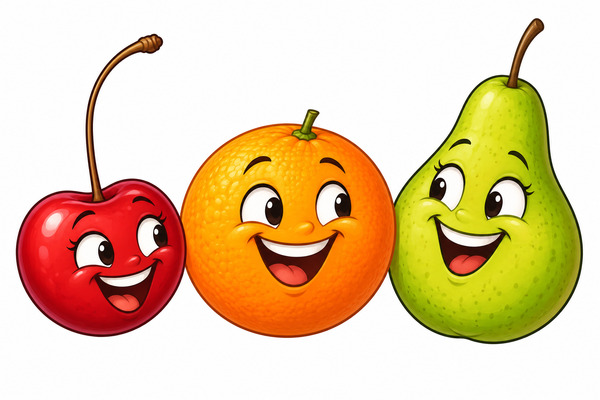 Eine rote Kirsche, eine Orange und eine grüne Birne mit fröhlich lachenden Cartoon-Gesichtern.