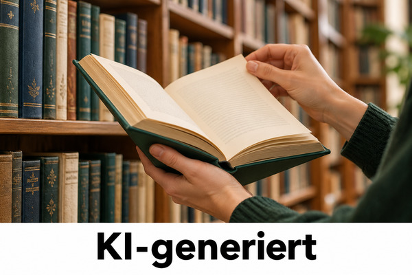 Hände halten ein aufgeschlagenes Buch vor gefüllten Bücherregalen; als KI-generiert gekennzeichnet.