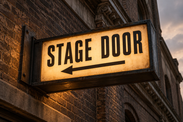 Warm beleuchtetes Schild mit der Aufschrift „STAGE DOOR“ und einem Pfeil an einer alten Backsteinfassade.