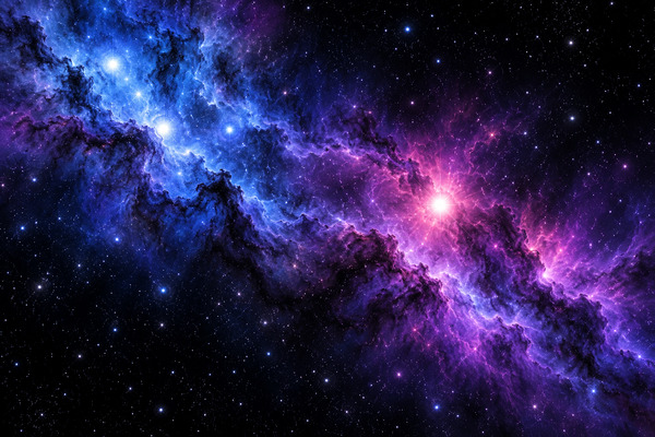Leuchtende Sterne in blauen und violetten Nebelwolken vor dunklem Weltraum.